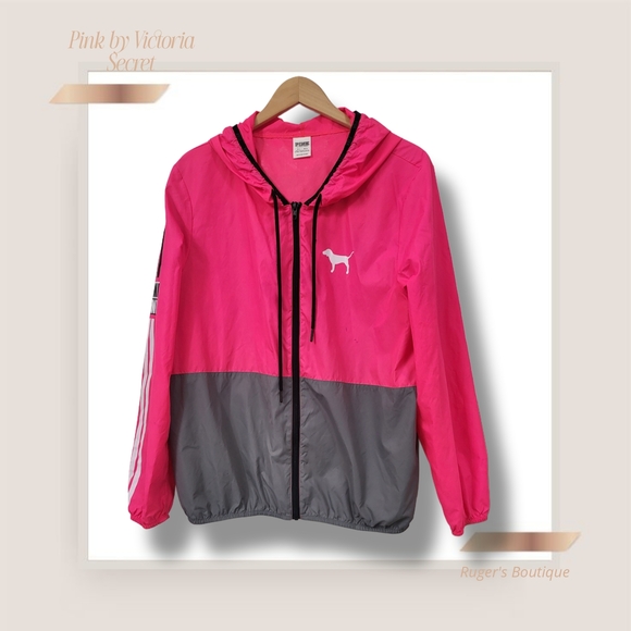 🌿Victoria's Secret Women's Med/Large Anorak Oversized Pink & Gray Wind Breaker - Picture 3 of 14